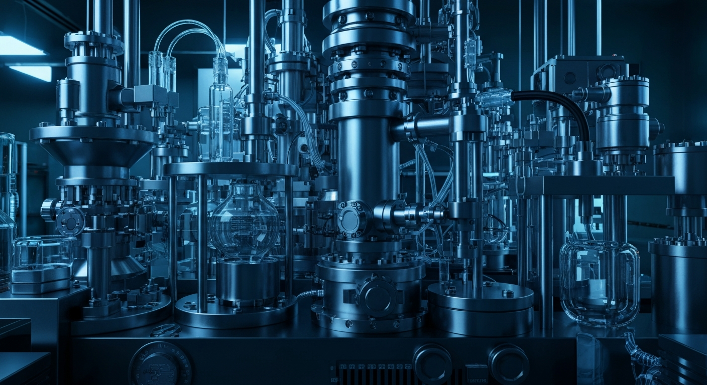 An extreme close-up of intricate biotech equipment and machinery, conveying the complex, high-tech nature of modern pharmaceutical research and development.