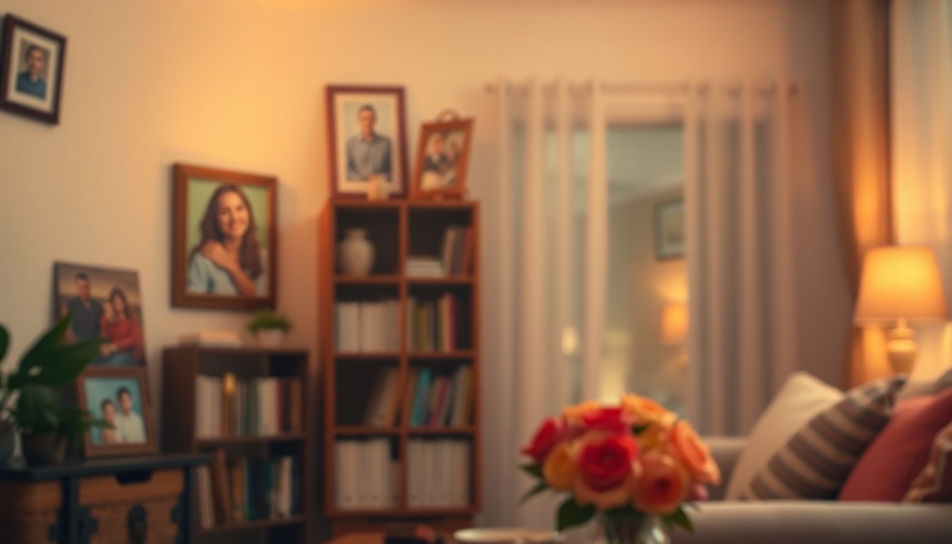 A blurred, atmospheric photograph in soft, warm tones depicting the cozy interior of a home, with hints of framed photos, a bookshelf, and a vase of flowers, conveying a sense of family and community.
