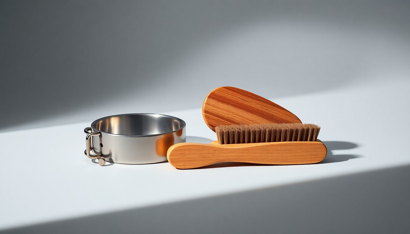 A high-end, photorealistic studio still life featuring a polished metal dog collar, a sleek pet food bowl, and a smooth wooden pet brush arranged elegantly on a clean, monochromatic background, conceptually representing the premium pet supplies market.