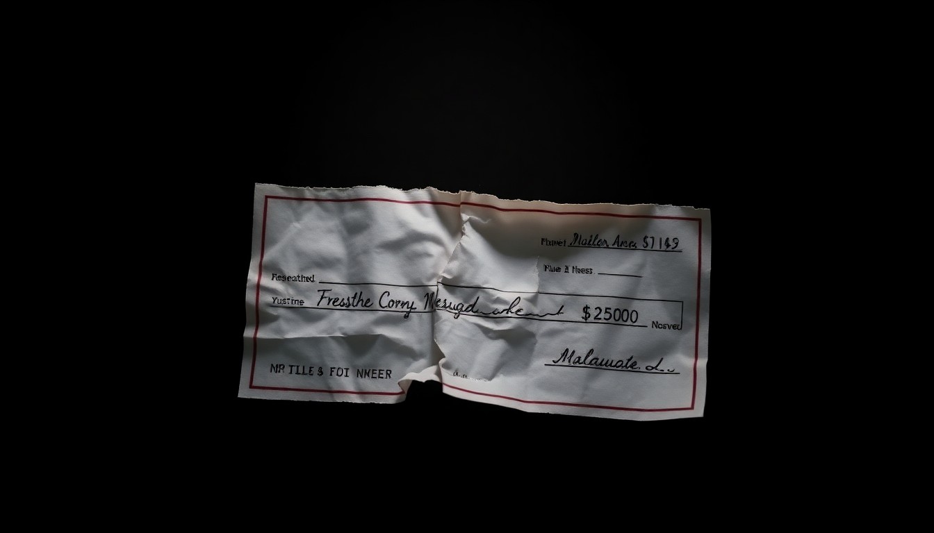 An extreme close-up of a crumpled, torn cashier's check, with dramatic lighting and a stark, gritty composition that conceptually illustrates the serious nature of forgery crimes.