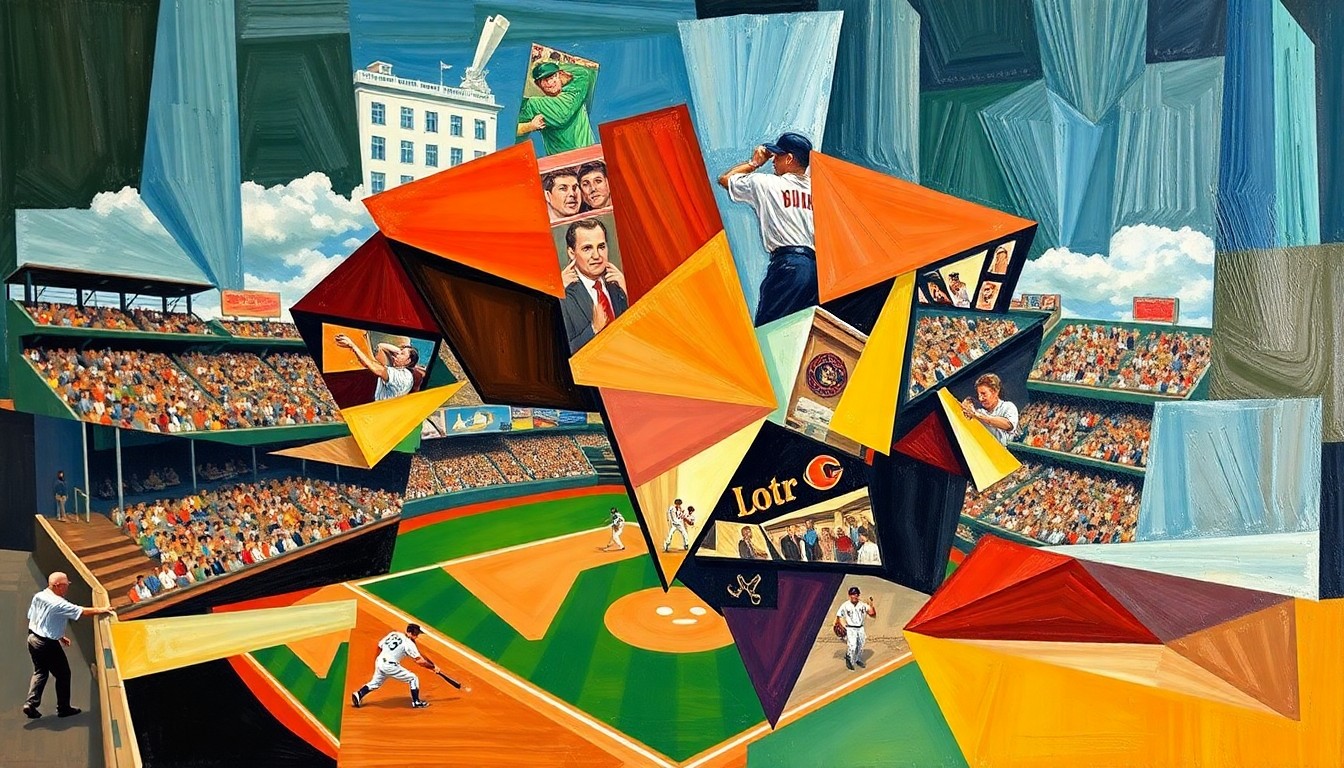 A cubist-style painting depicting a baseball game, with the players and field broken down into sharp, overlapping geometric shapes in a vibrant color palette, capturing the energy and dynamism of the sport.