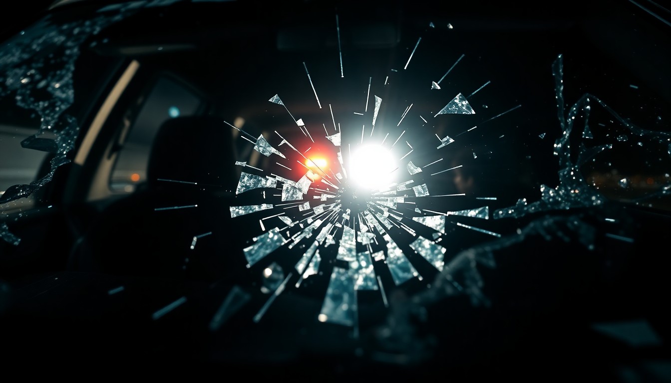 An extreme close-up of a shattered car windshield reflecting a harsh camera flash, conceptually representing the violent conclusion of a high-speed police chase.