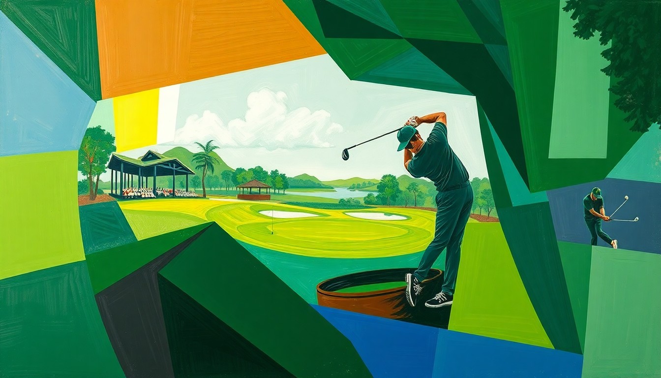A cubist, geometric painting depicting a golfer's swing and the Augusta National Golf Club course in fragmented, overlapping planes of vibrant greens, browns, and blues, conceptually representing the immense challenge of the Masters Tournament.