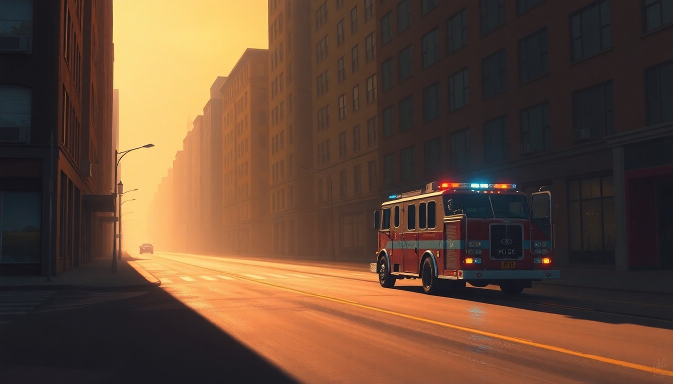 A realistic oil painting depicting a lone fire engine or police car parked on a quiet, sunlit street in a small town, capturing a sense of civic duty and community pride.