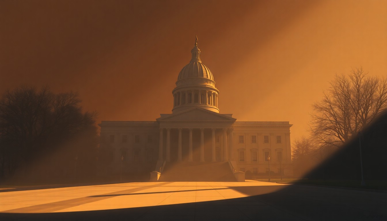 A photorealistic painting of an ornate state capitol building in warm, golden light, with deep shadows across the facade, evoking a sense of solemnity and political gravity.