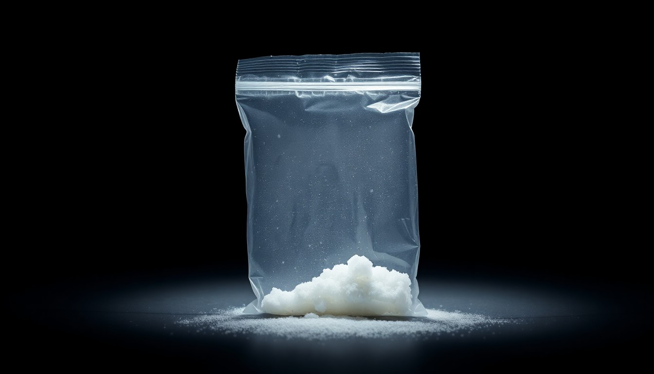 An extreme close-up of a small plastic bag containing a white crystalline substance, reflecting the harsh light of a camera flash against a pitch-black background, conceptually illustrating the dangerous drugs at the center of this tragic overdose case.