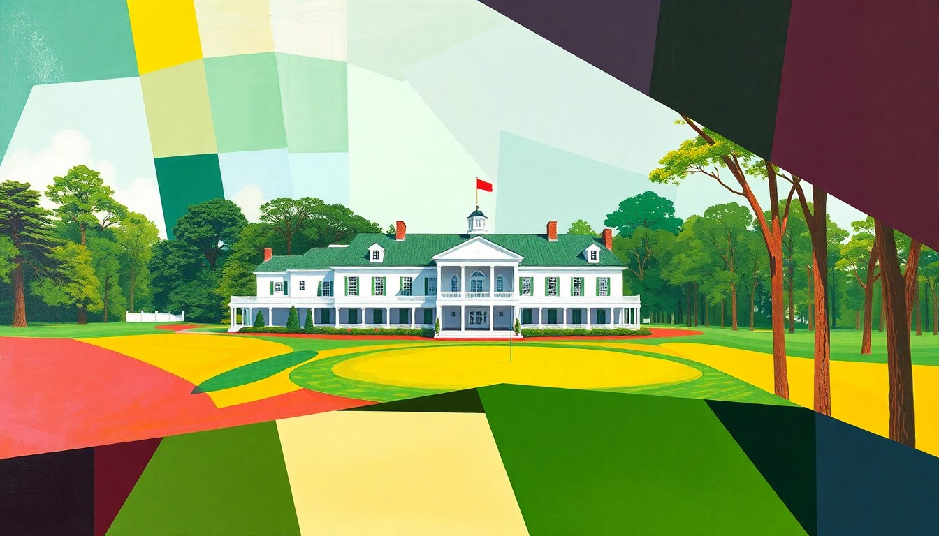 A cubist, geometric painting featuring the iconic Augusta National clubhouse and golf course broken down into sharp, overlapping planes of color, capturing the energy and drama of the Masters tournament.