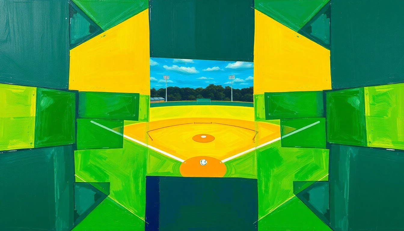 A cubist, geometric painting depicting a high school softball game, with overlapping planes of bright green, navy blue, and gold representing the dynamic action on the field.