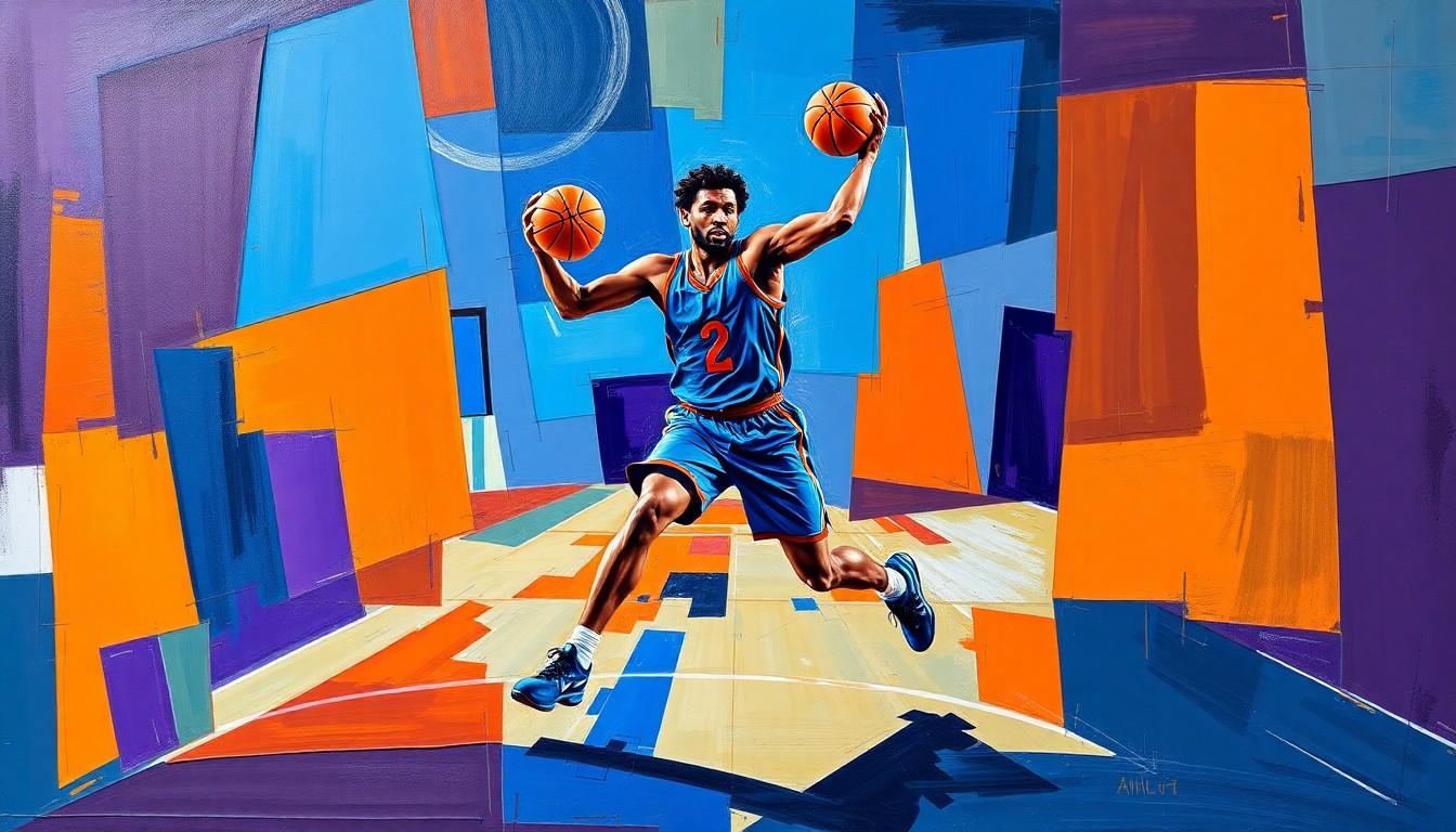 A fragmented, geometric painting depicting the dynamic movements of a basketball player on the court, using bold colors and sharp angles to convey the energy and intensity of the game.