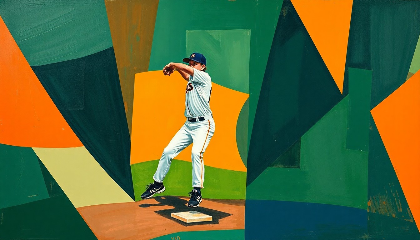 A cubist, geometric painting depicting the fragmented motion of a young baseball player's pitching motion, with sharp planes of navy, forest green, and burnt orange colors.