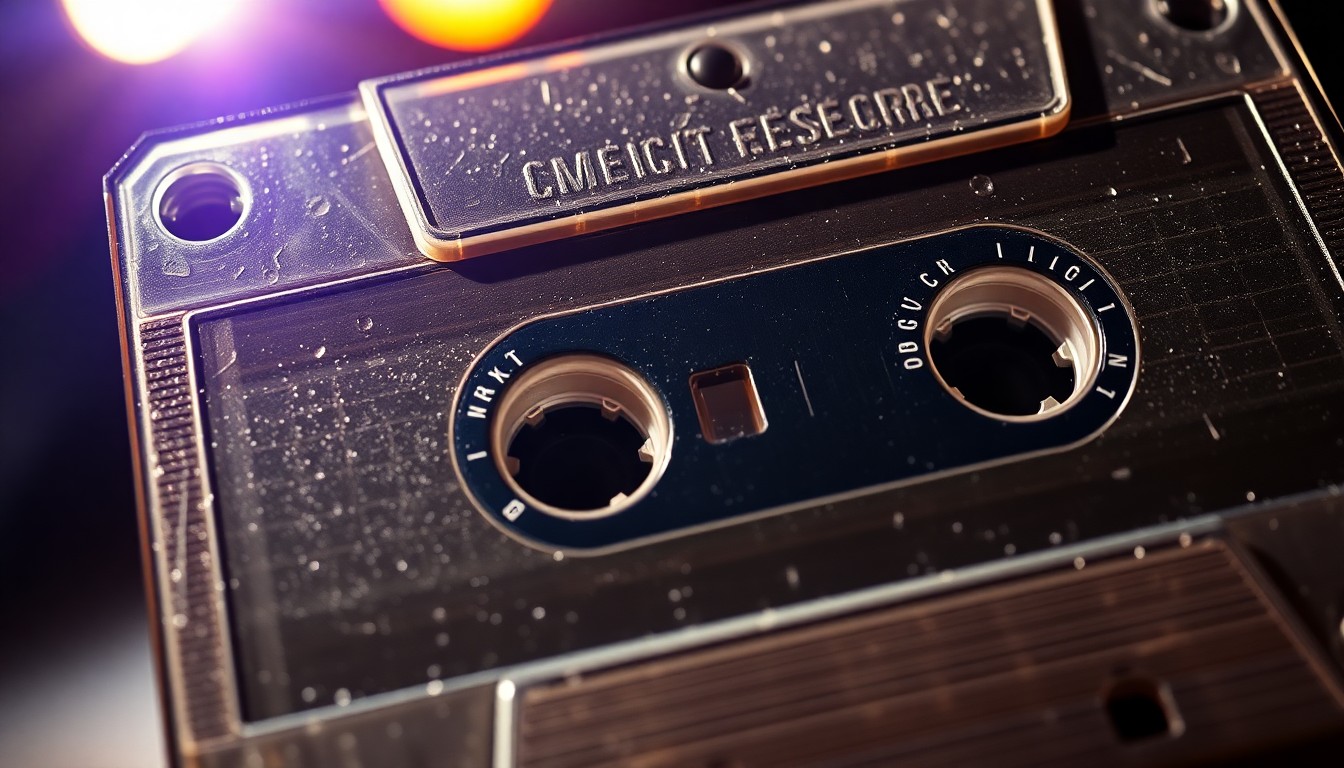An extreme close-up of a vintage cassette tape, its worn and textured surface glimmering under dramatic studio lighting, conceptually representing the analog origins and timeless allure of live music recordings.