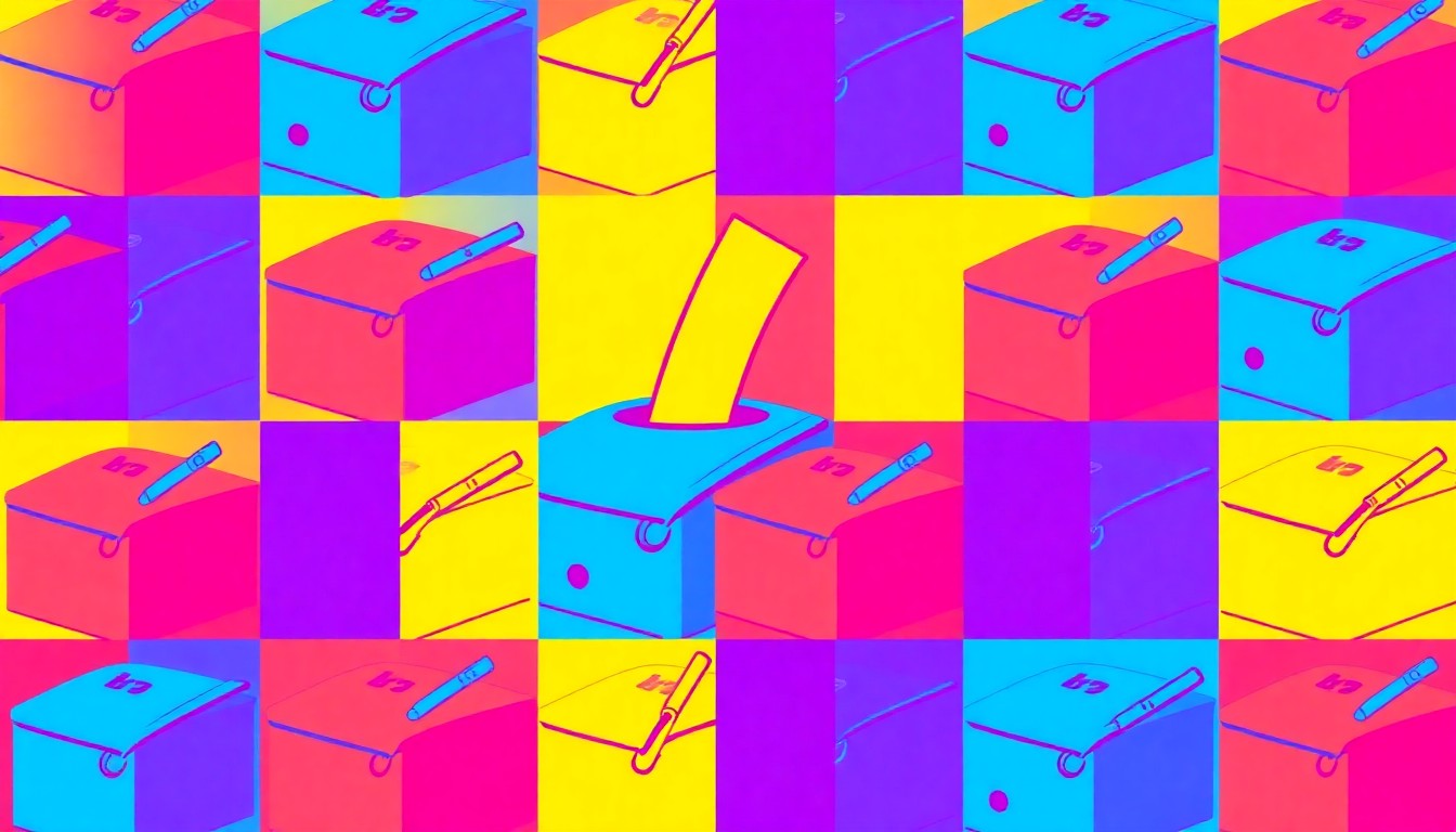 A brightly colored, high-contrast silkscreen print of a ballot box repeated in a tight grid pattern, utilizing flat, vibrant neon color palettes overlapping with heavy black photographic outlines to turn the everyday act of voting into modern pop art.