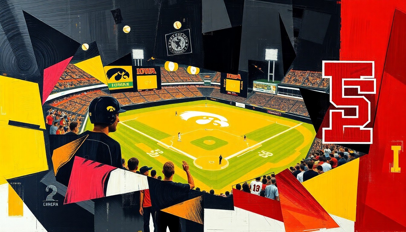 A fractured, geometric painting depicting a softball game between two teams, with sharp, overlapping planes of color representing the dynamic action on the field.