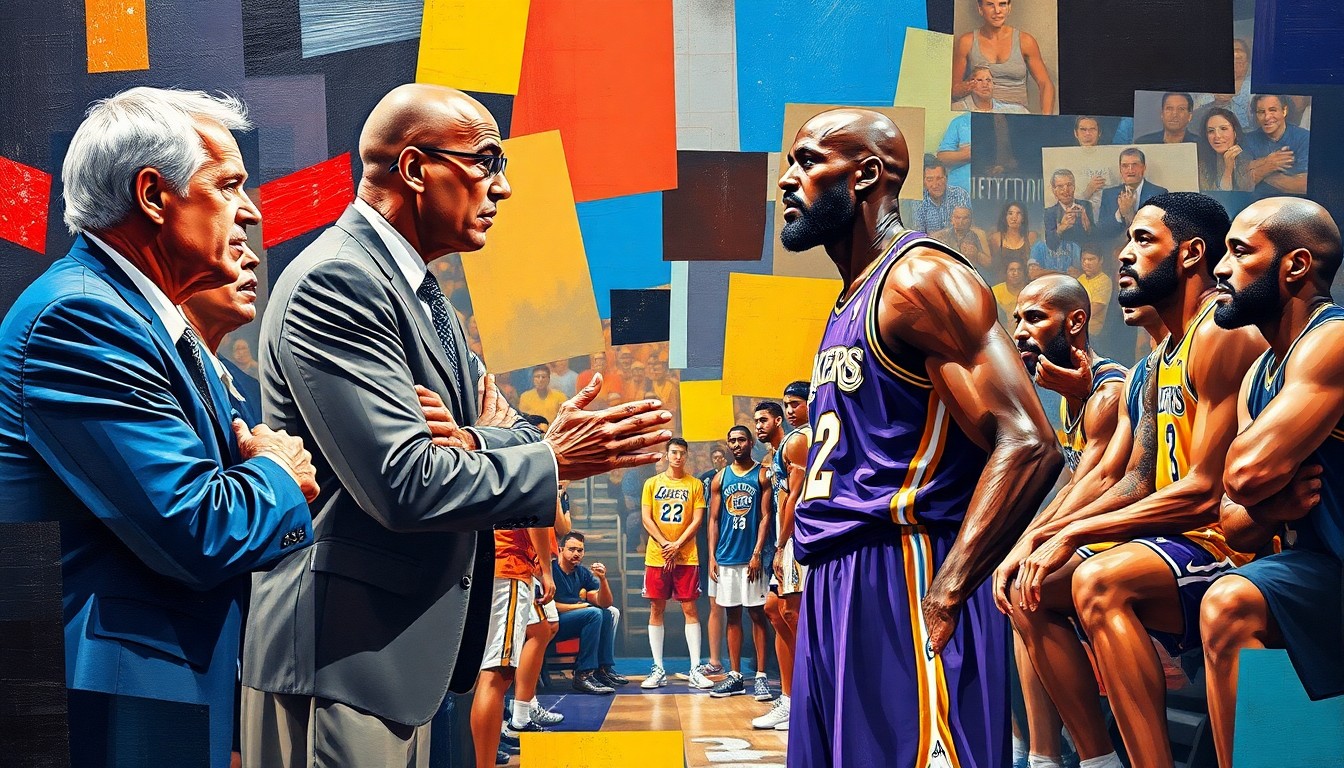 A cubist, geometric painting depicting the fractured, multi-angled perspective of a heated confrontation between a basketball coach and player on the sideline, with the vibrant colors of their uniforms breaking down into sharp, overlapping planes.