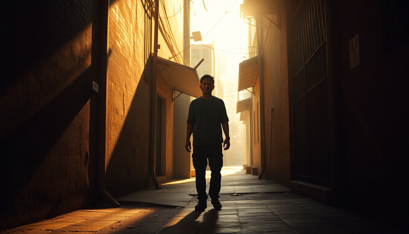 A cinematic painting of a solitary immigrant worker standing alone in a dimly lit urban alleyway, bathed in warm, diagonal sunlight and deep shadows, conveying a sense of quiet resilience and economic contribution.