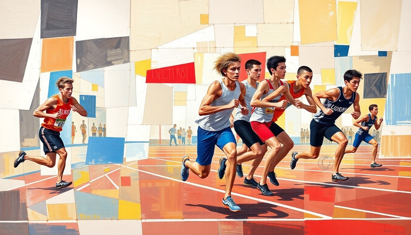 A cubist, geometric painting depicting the chaotic motion and energy of a high school track and field competition, with overlapping planes of color and shape representing the athletes in motion.
