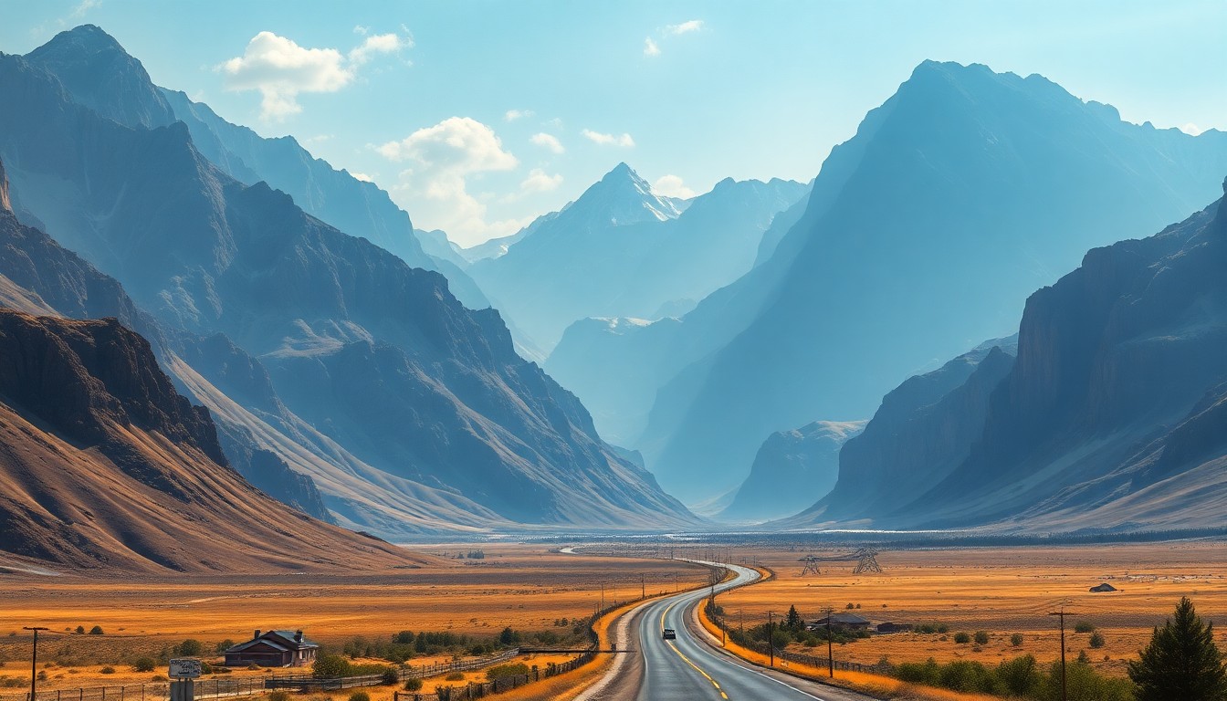 A vast, majestic landscape painting in muted tones, with the Eisenhower-Johnson Memorial Tunnel barely visible in the distance, dwarfed by the towering, hazy Colorado Rockies.