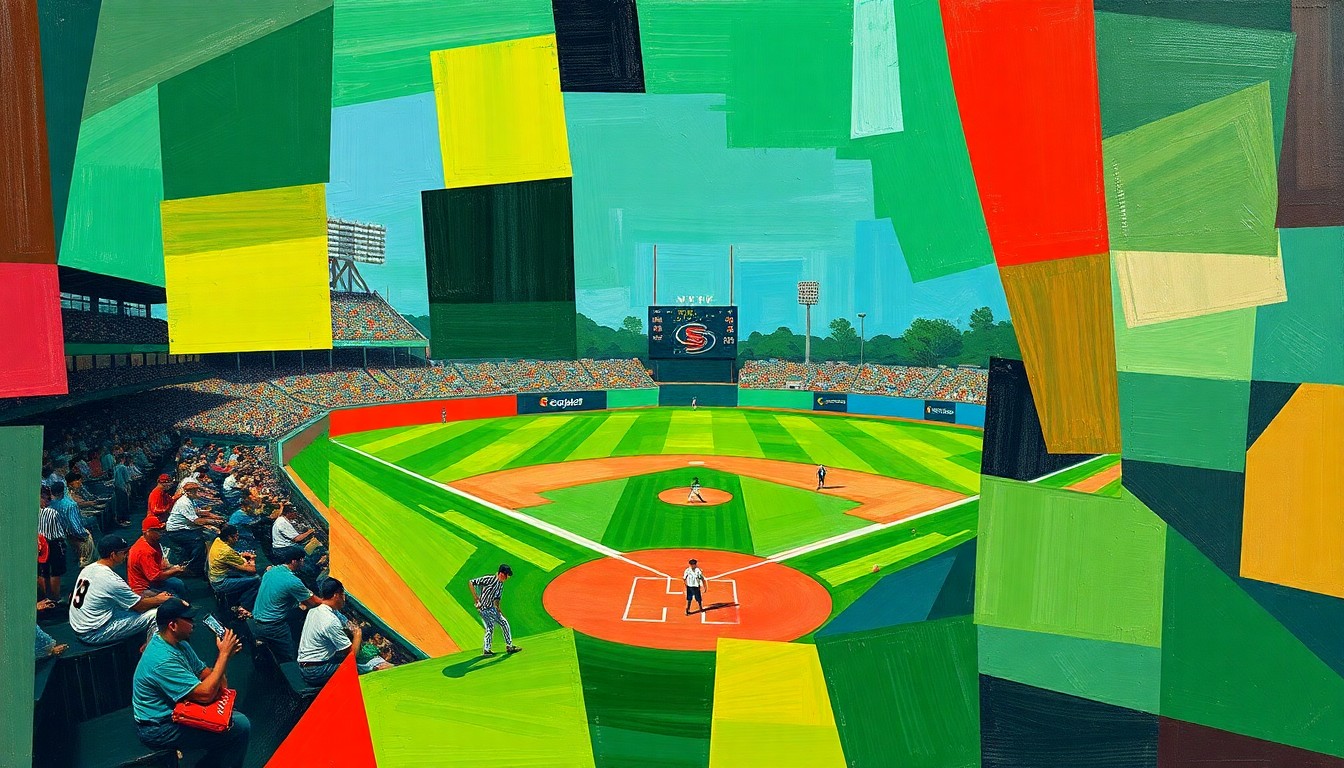 A fragmented, geometric painting in bold colors depicting the dynamic movements and perspectives of a high school baseball game.