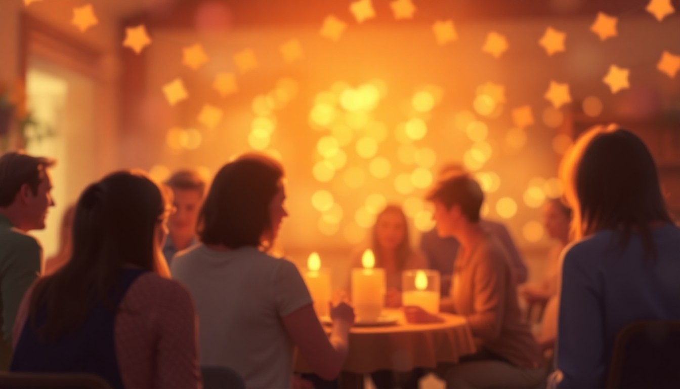An abstract, out-of-focus photograph in warm tones, depicting a blurred scene of a family gathering, representing the love and community that surrounded Drew Van Diggelen.