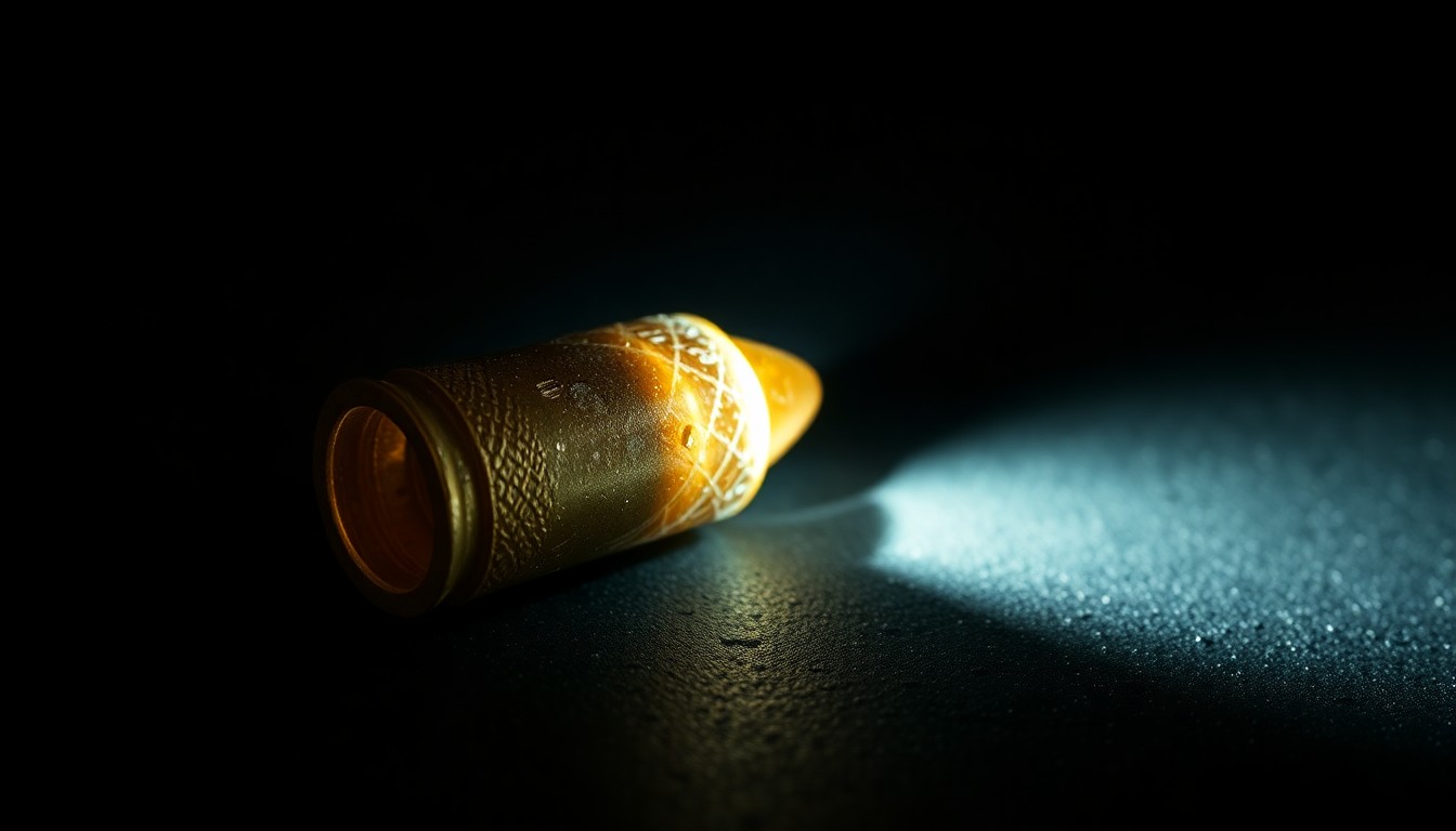 An extreme close-up photograph of a spent bullet casing on a dark, textured surface, lit by a harsh, direct camera flash, conceptually illustrating the aftermath of a shooting incident.