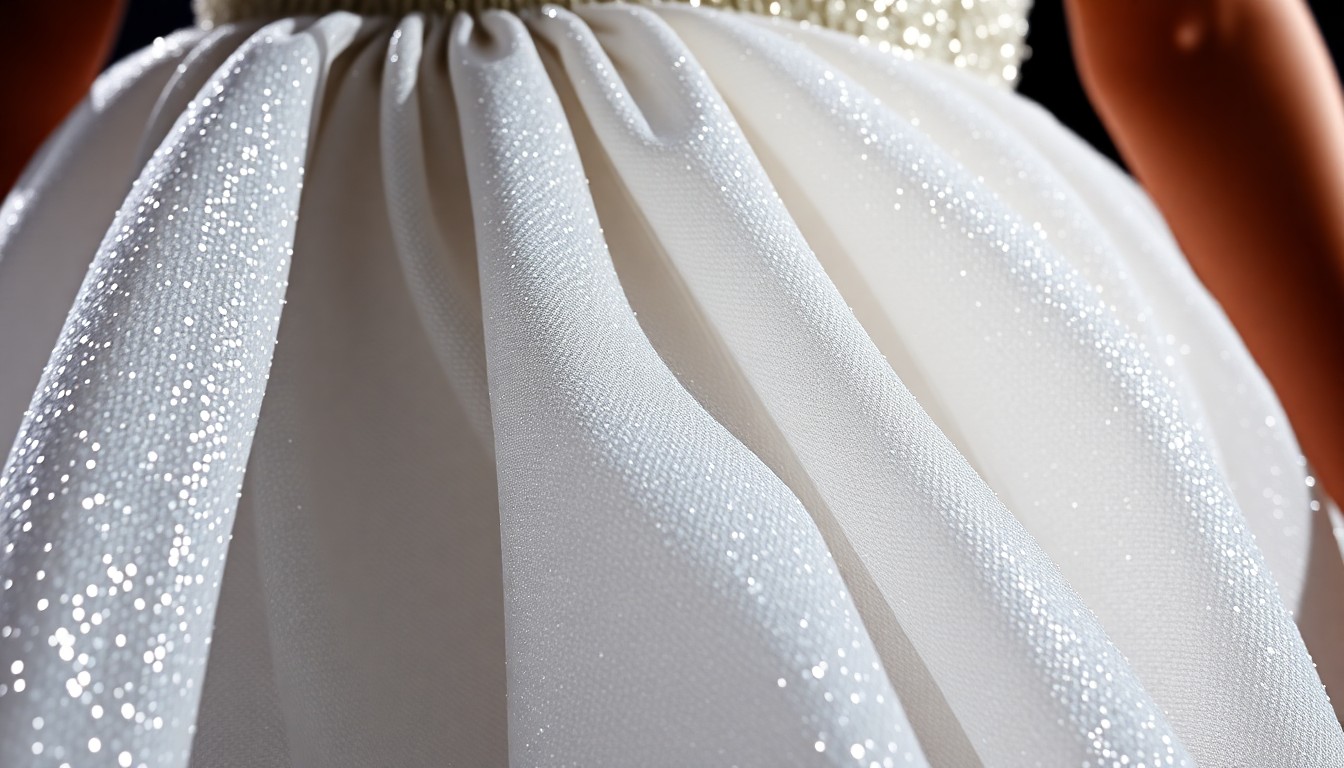 An extreme close-up photograph of the shimmering, textured fabric of a white minidress, capturing the luxurious and glamorous aesthetic of a high-profile celebrity event.