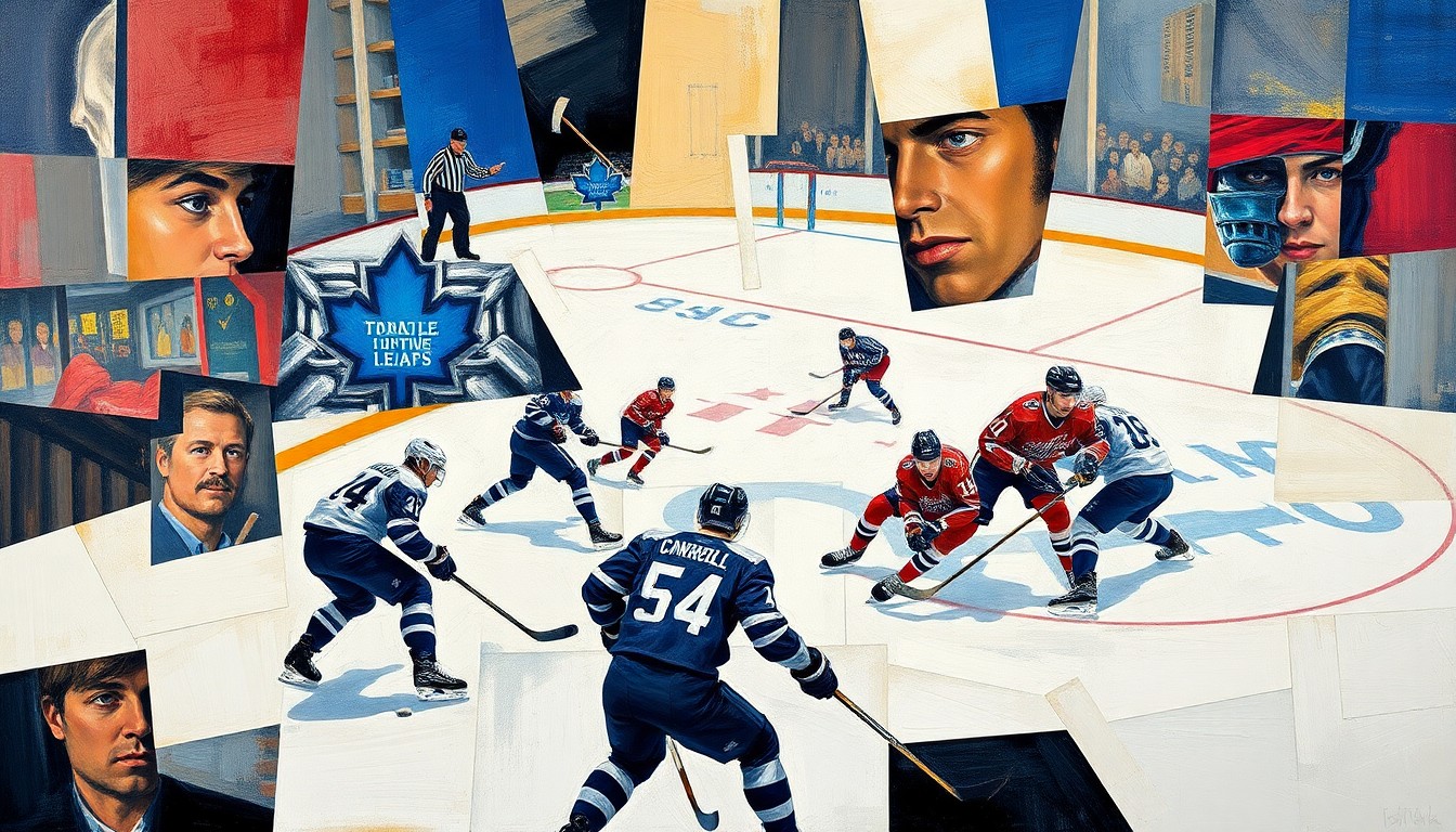 A fractured, multi-perspective painting in a cubist style, breaking down a hockey game between the Toronto Maple Leafs and Washington Capitals into sharp, overlapping geometric planes. The players' movements and the intensity of the game are represented through the fragmented composition.