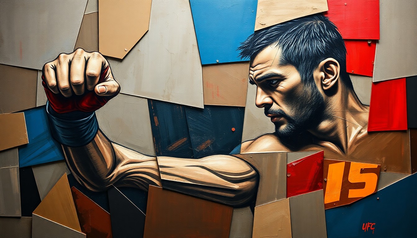A fragmented, geometric painting depicting a UFC fighter's intense training regimen and personal relationships, conveying the balance and resilience required to succeed at the highest levels of the sport.