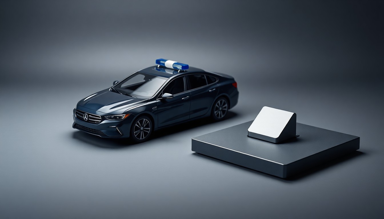 A photorealistic studio still-life photograph featuring a polished, geometric metal model of a police car and a sleek, minimalist office desk accessory, both in shades of navy and charcoal grey, arranged elegantly on a clean, monochromatic seamless background, conceptually representing the modernization and consolidation of law enforcement operations.