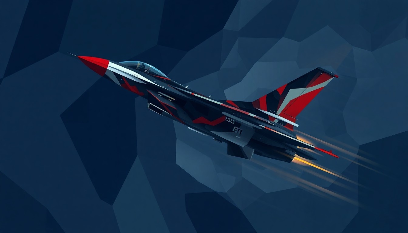 A dynamic, abstract painting of an F-16 fighter jet in flight, with the aircraft's form repeated in overlapping, fractured geometric shapes in shades of blue, grey, and red, conveying a sense of motion and military power.