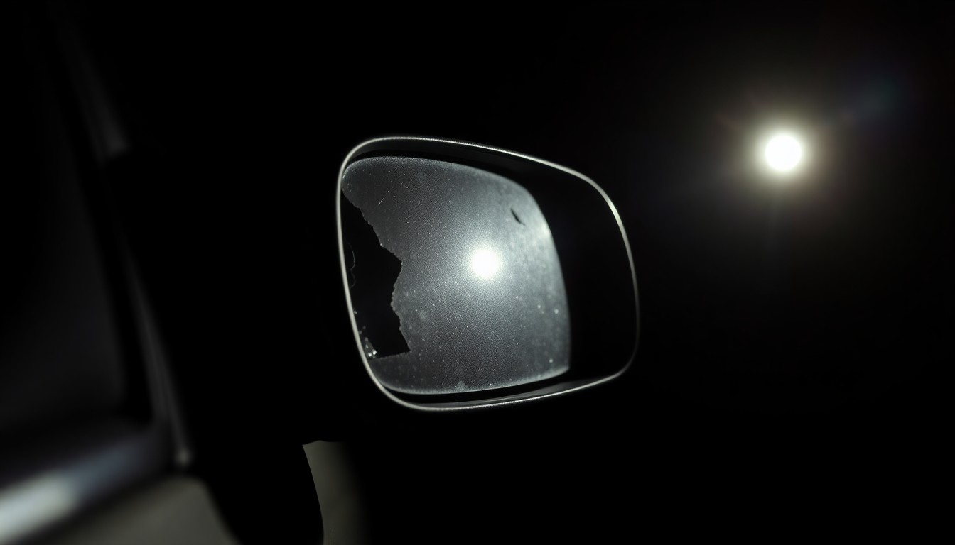 An extreme close-up of a damaged car side mirror, reflecting a faint red light, conceptually illustrating the violence and confrontation involved in this alleged attempted murder case.