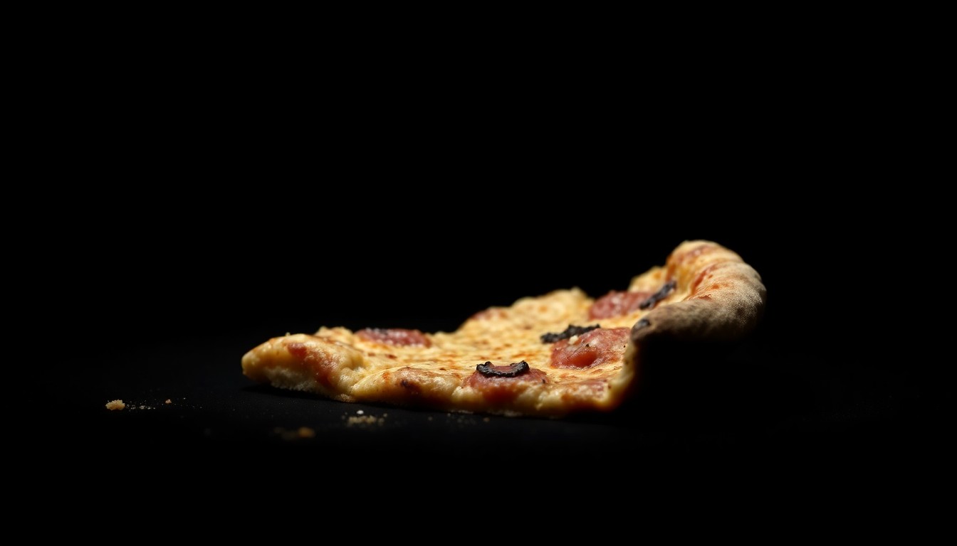 An extreme close-up photograph of a discarded pizza crust, the texture and details of the crust's surface filling the frame against a pitch-black background, conceptually representing the key DNA evidence that helped solve the Gilgo Beach murders.