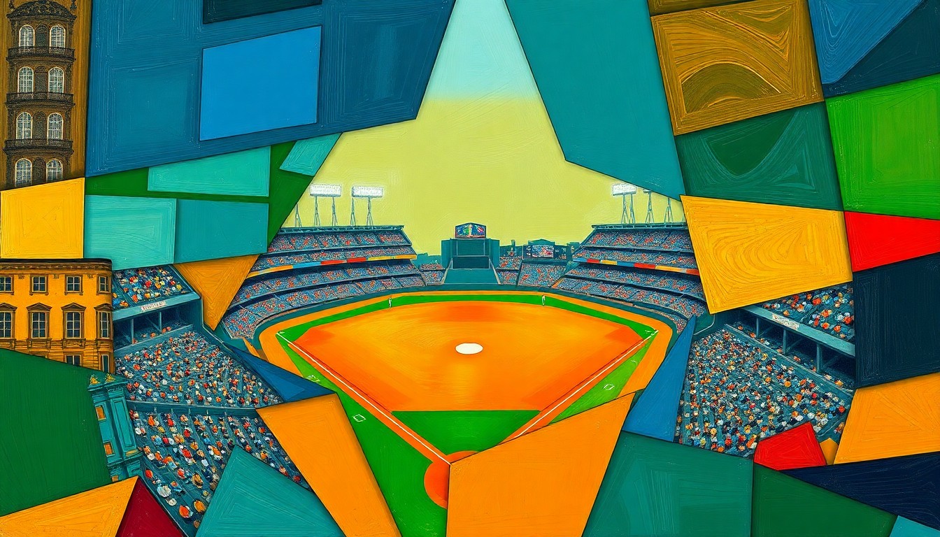 A fragmented, multi-angled painting depicting the action of a baseball game, with sharp planes of navy, green, and orange colors overlapping to create a dynamic, abstract composition.