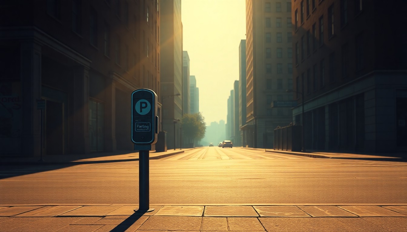 A quiet, cinematic painting of a solitary parking meter on an empty city street, the meter bathed in warm, diagonal sunlight and deep shadows, evoking a sense of urban nostalgia.