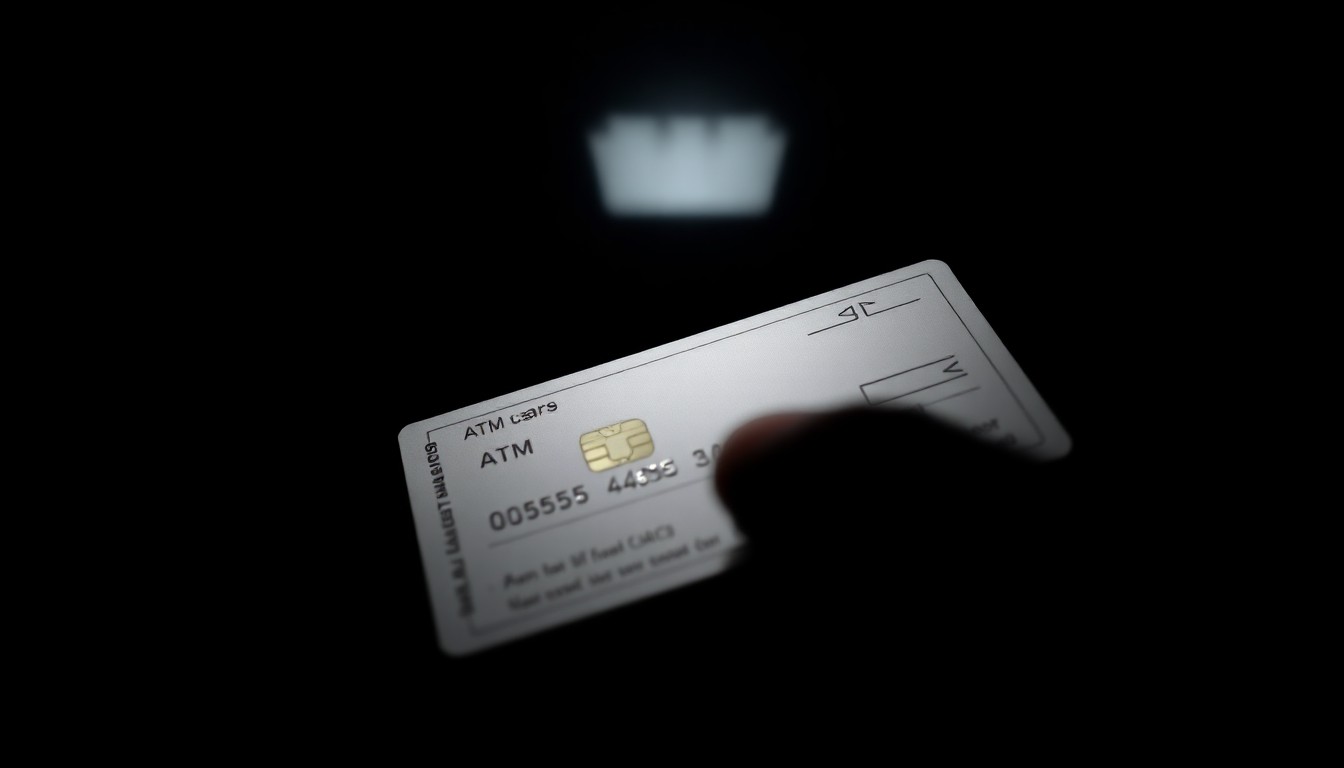 An extreme close-up photograph of a bank ATM card or cash withdrawal slip, lit by a harsh, direct camera flash against a pitch-black background, creating a stark, gritty, investigative aesthetic that conceptually illustrates the alleged financial fraud and insider theft at the heart of this story.