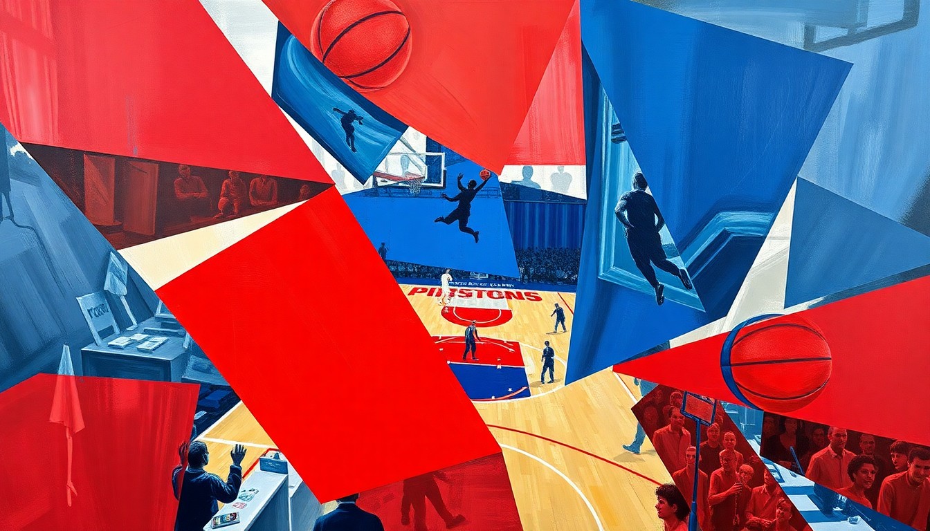 A cubist, geometric painting depicting a Pistons basketball game, with the players and court broken down into overlapping planes of red, blue, and silver shapes, conveying the dynamic energy of the sport.
