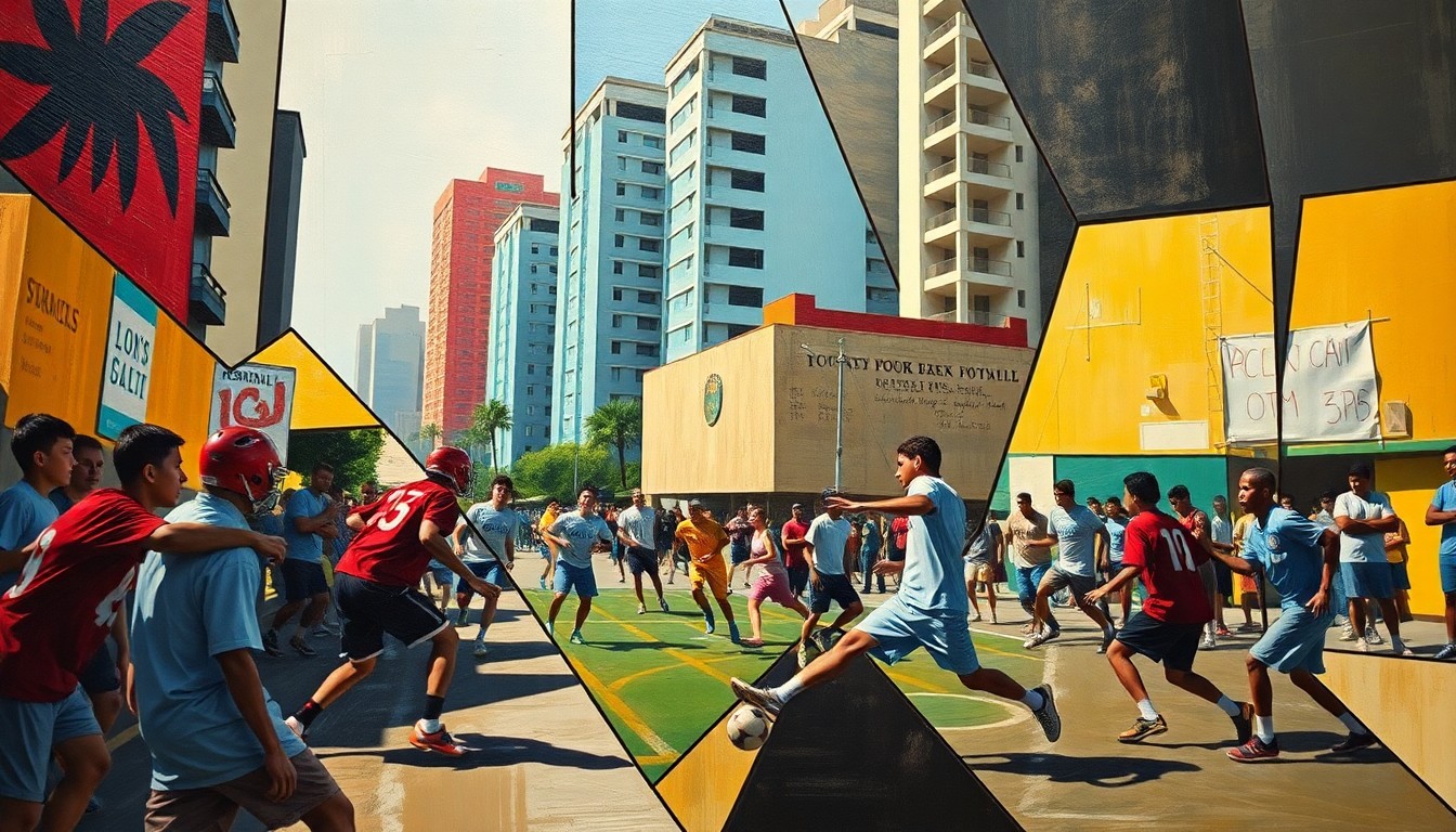 A cubist, geometric painting depicting a street football match between youth players in an urban setting, with the players and environment broken down into sharp, overlapping planes of vibrant colors.