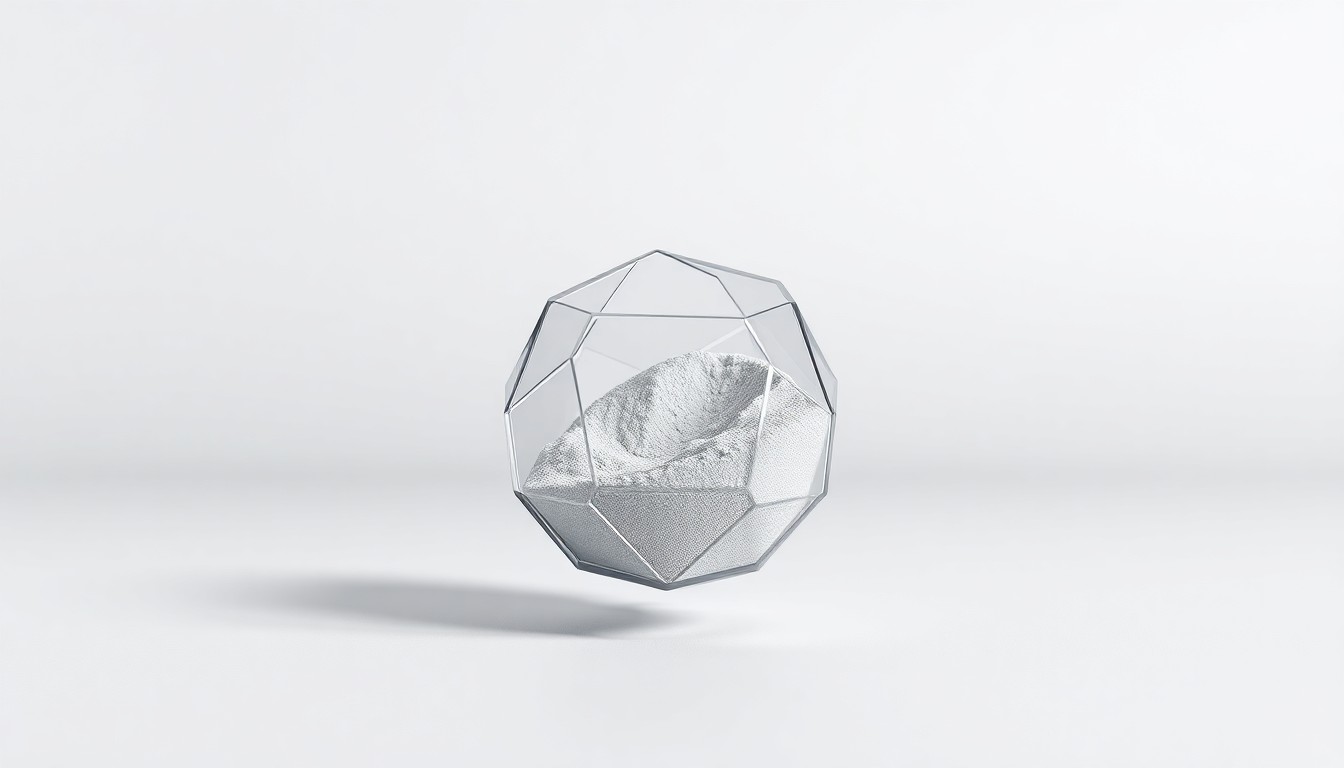 A high-end, photorealistic studio still-life photograph featuring a polished, geometric graphene powder sample container made of premium materials like brushed aluminum, glass, and carbon fiber, floating on a clean, monochromatic background with dramatic studio lighting and deep shadows.