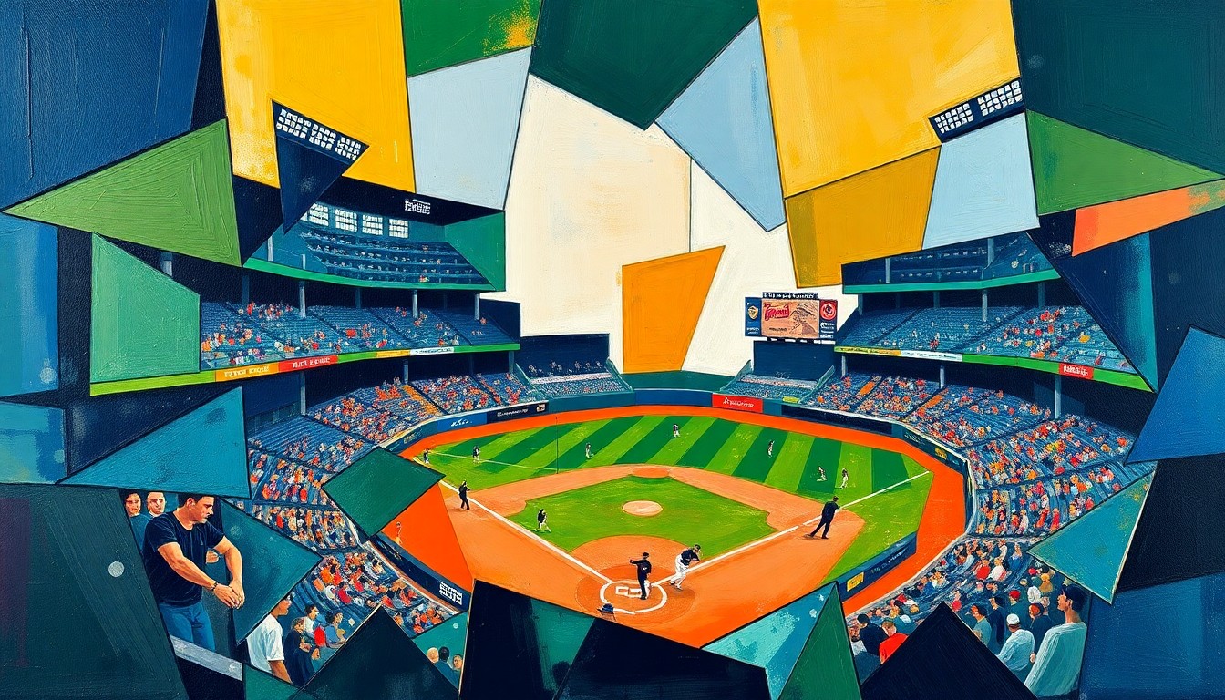 A cubist-style painting featuring sharp, overlapping geometric shapes in navy blue, forest green, and burnt orange, conceptually representing the fragmented and disjointed nature of the Yankees' offensive production.