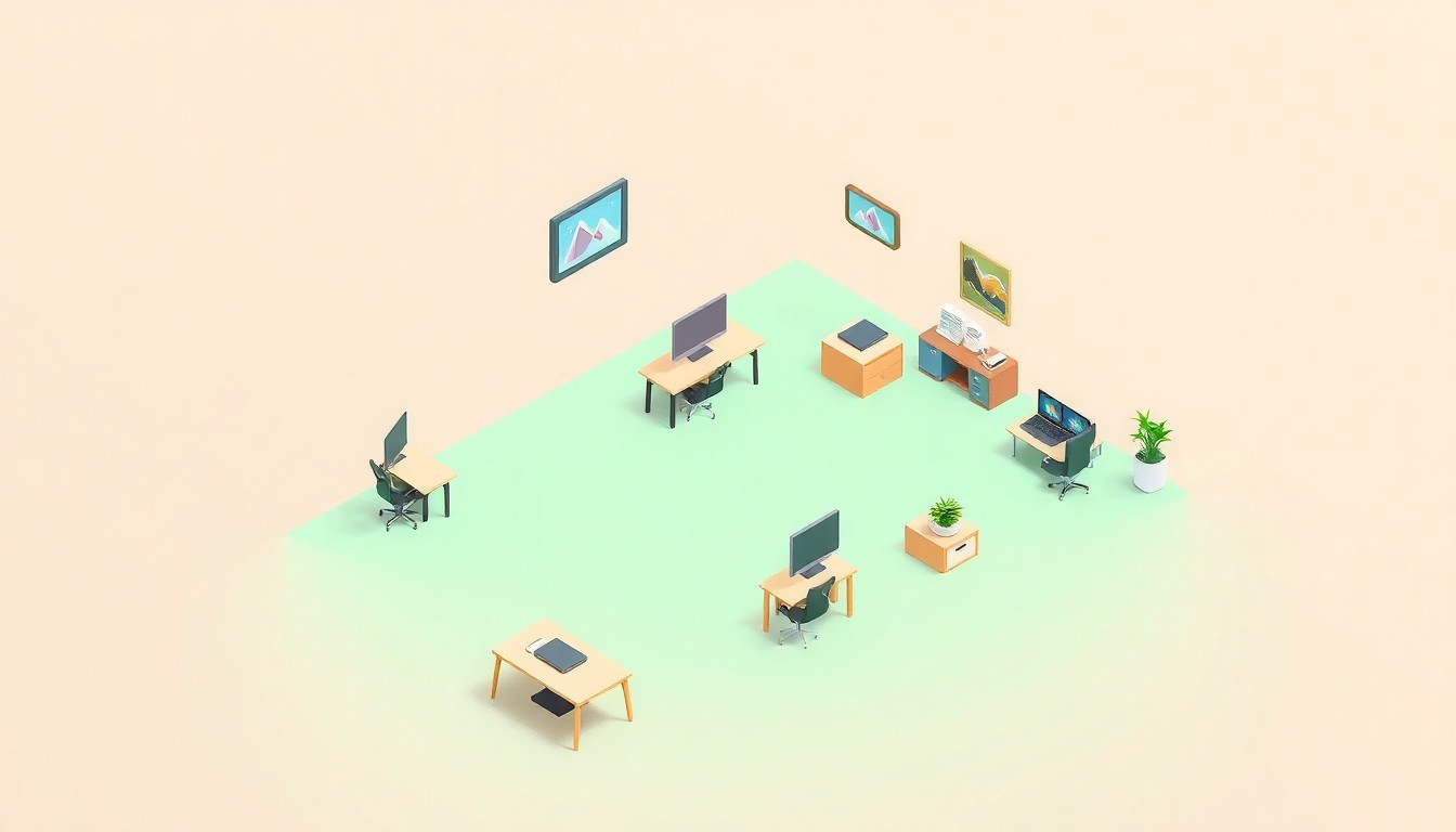 An isometric 3D illustration depicting a stylized, minimalist office setting with various furniture and objects floating in a pastel-colored environment, representing the professional development and collaborative nature of the OAAA's Future Leaders Program.