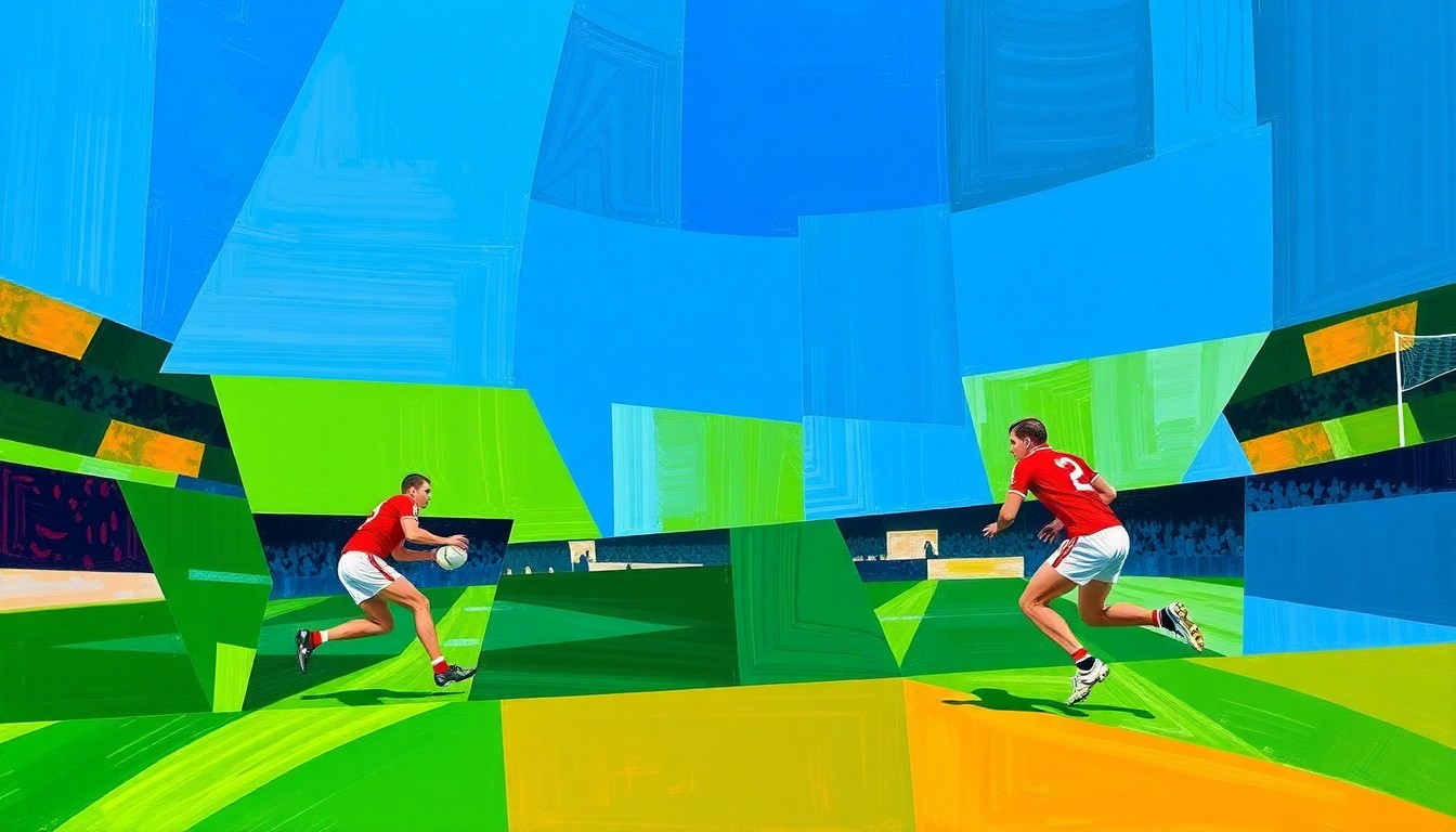 A fractured, multi-perspective painting in vibrant greens, blues, and oranges, breaking down a Gaelic football match into sharp, overlapping geometric planes, conceptually representing the competitive dynamics of the provincial championships.