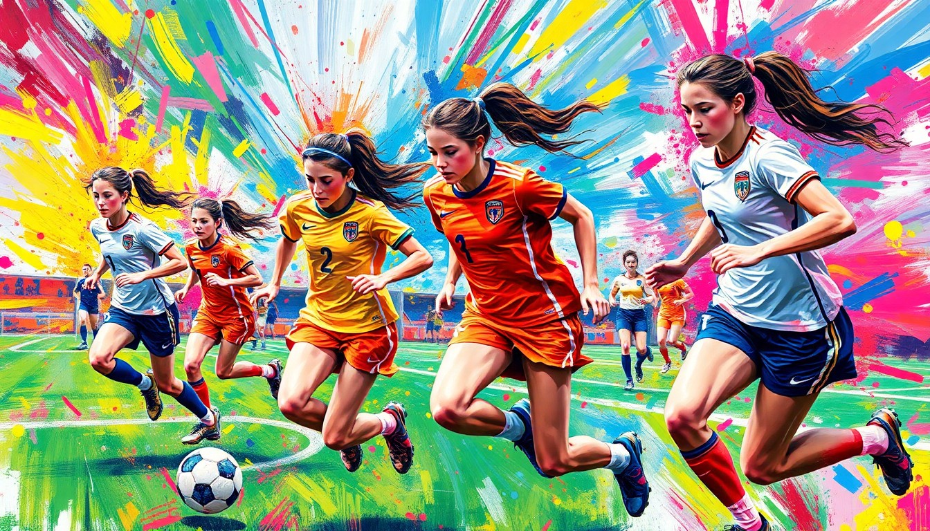 An abstract, expressionist painting in neon colors depicting the dynamic movement and energy of a high school girls' soccer match, with players' forms dissolving into vibrant brushstrokes.