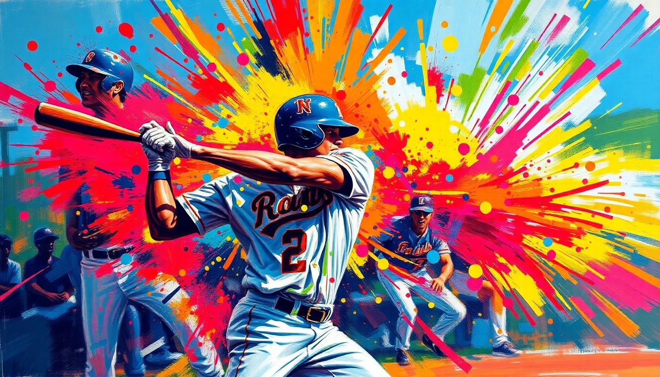 An extreme close-up of a baseball player's silhouette mid-swing, surrounded by a vibrant explosion of neon paint splatters and brushstrokes, conceptually representing the raw energy and excitement of the Salida High School team's home win.