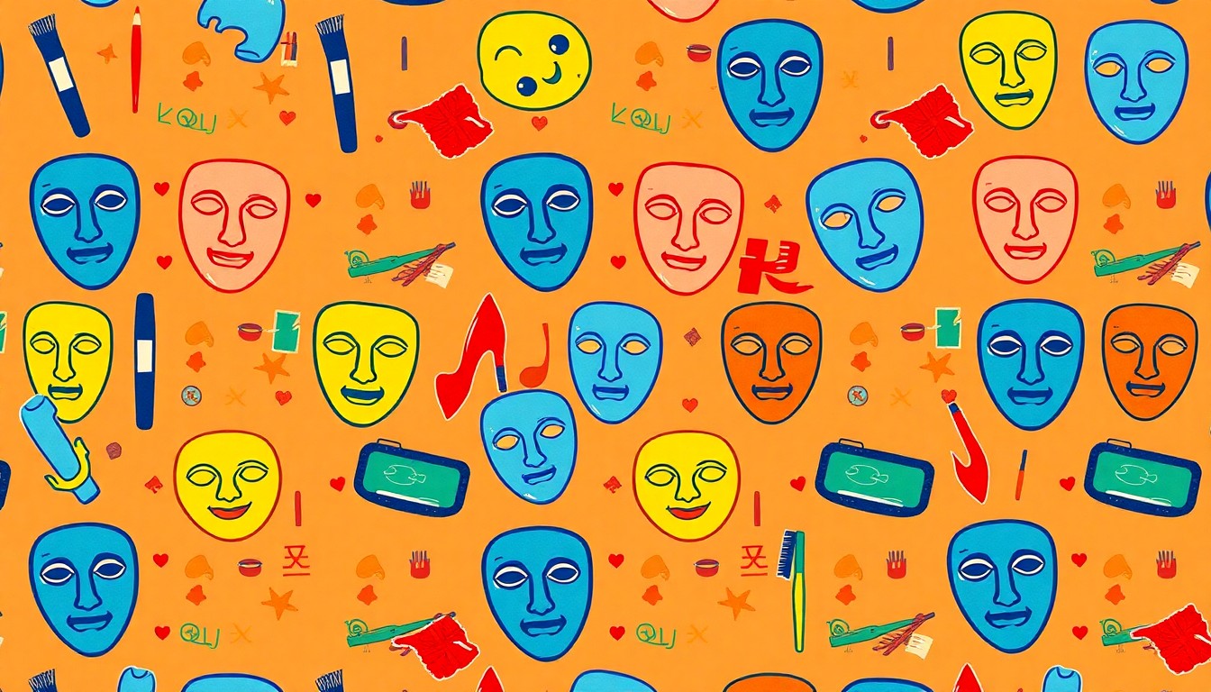 A bold, colorful silkscreen print featuring repeating icons of paintbrushes, paint palettes, and theater masks, capturing the diverse creative mediums and theatrical elements of the Alhambra Theatre's summer arts programming for youth.