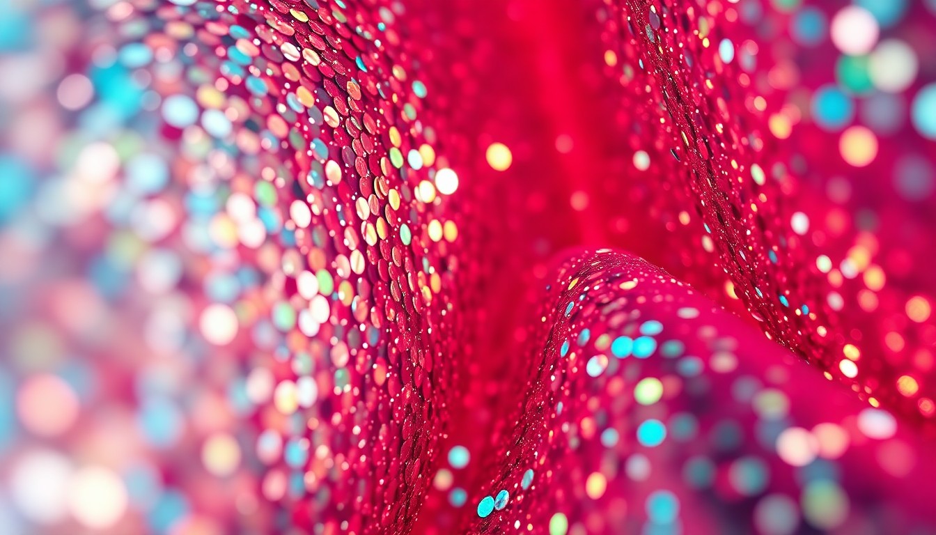 An extreme close-up photograph of shimmering sequins and shattered glass, conceptually representing the artificial, high-gloss aesthetic of the romantic comedy 'You, Me & Tuscany'.