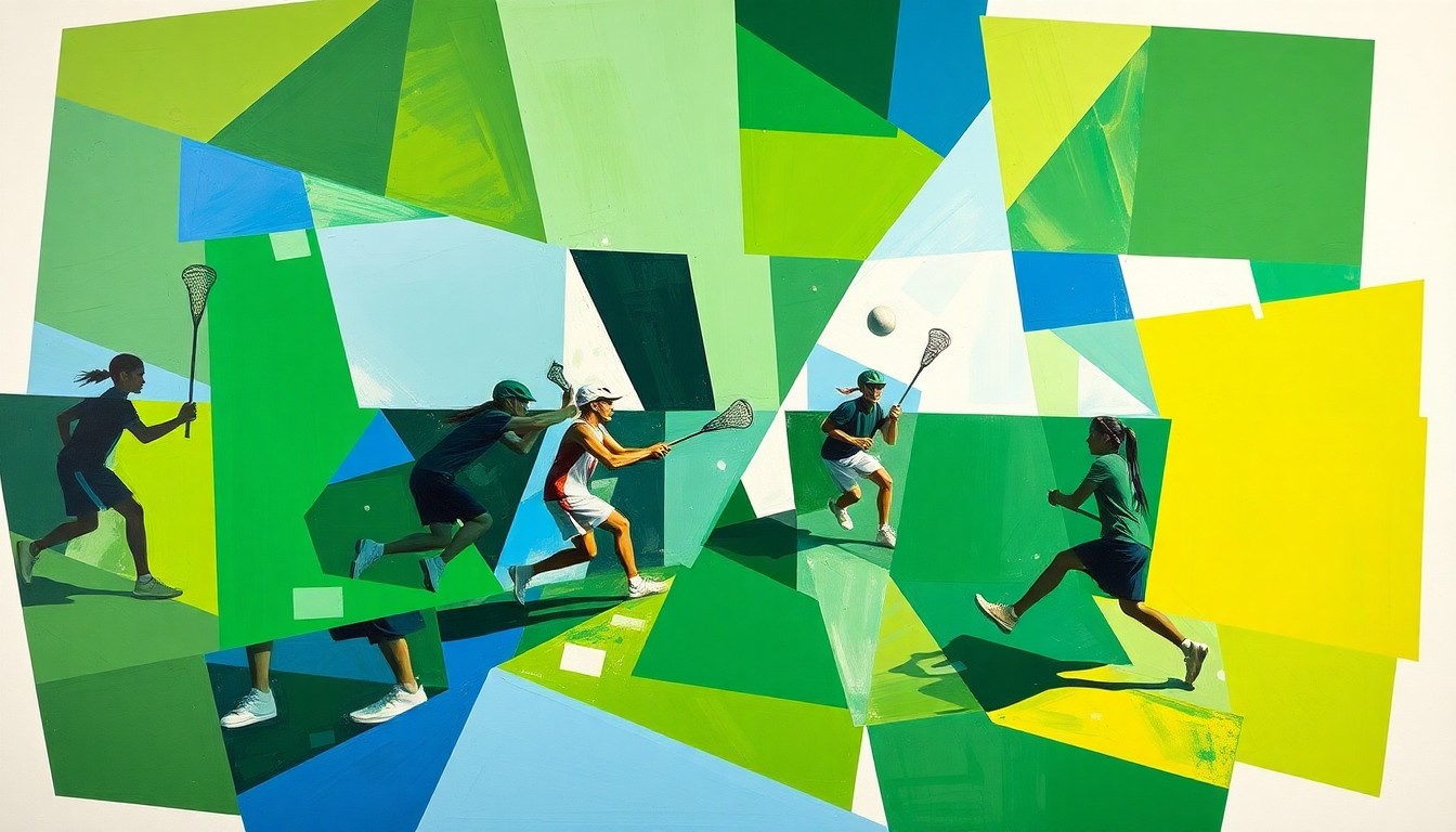 A fragmented, geometric painting depicting the dynamic movements and action of a high school lacrosse game, with the players and ball deconstructed into abstract shapes and planes of color.
