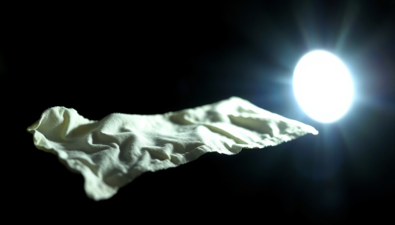 An extreme close-up photograph of a single piece of forensic evidence related to the Gilgo Beach murders, such as a piece of clothing or personal item, lit by a harsh, direct camera flash against a pitch-black background, conceptually illustrating the investigative nature of this long-running case.