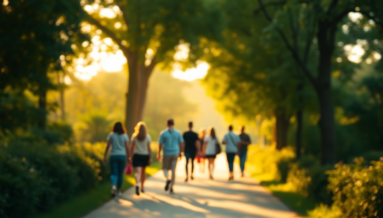 An extremely abstracted, out-of-focus photograph shot through condensation or rain-streaked glass, composed entirely of people strolling on a paved path surrounded by soft, warm pools of color and light, conceptually representing the inclusive and serene atmosphere of accessible outdoor spaces.