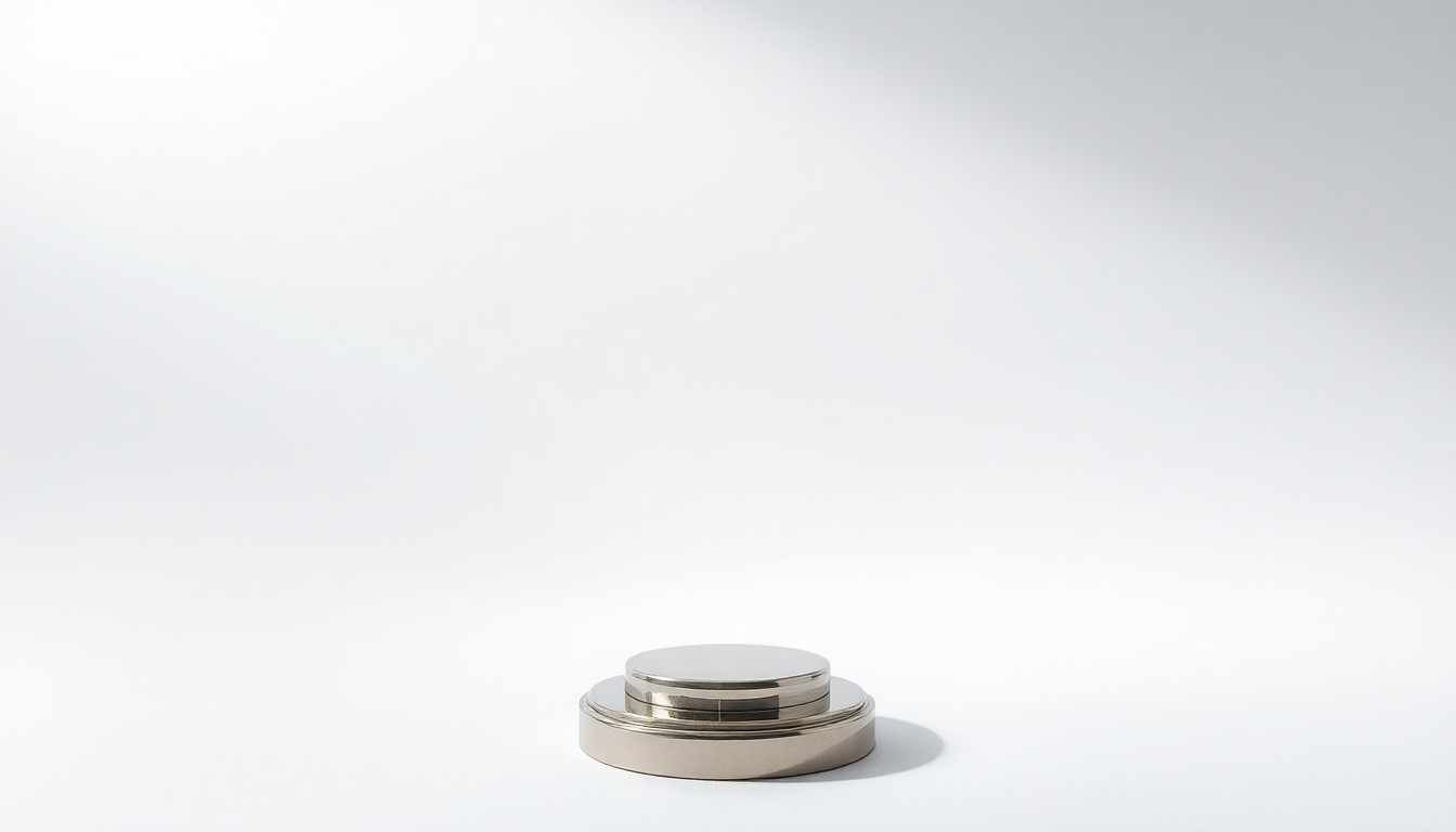 A minimalist, photorealistic studio still life showing a single, polished metal jewelry display stand with an empty spot where a ring or necklace would normally sit, floating on a clean white background and dramatically lit to symbolize the void left by a shuttered jewelry store.