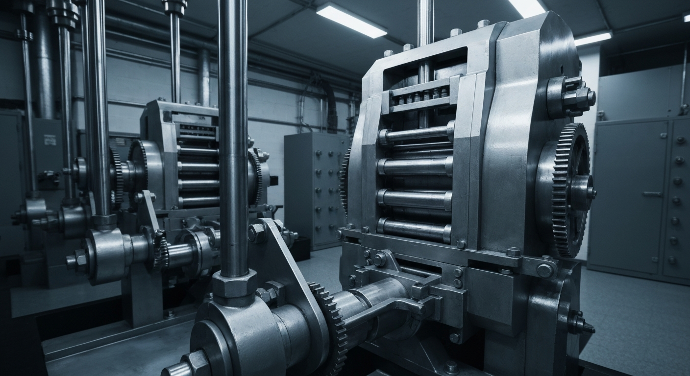 A highly detailed, black-and-white macro photograph of the inner workings of a large, industrial banking machine, capturing the raw power and physicality of financial systems.