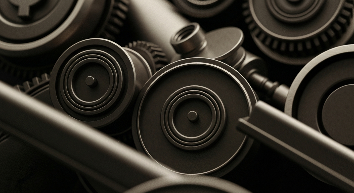 An extreme close-up of industrial gears, levers, and other financial machinery, conveying the complex, physical nature of institutional investing without using any literal financial symbols or text.